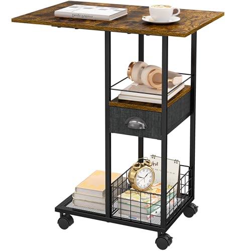 Rolling C-Shaped Side Table with Wheels and Oversized Wood Top, Mobile Overbed Stand with Drawer for Bed or Sofa, Metal Frame Couch Companion for Living Room, Bedroom, or Home Office (Large Desktop) - color: Black, size: X-Large (With Drawer & Wheels)