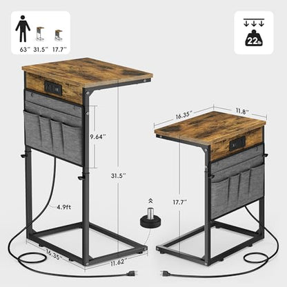 Vagusicc C-Shaped End Table Set of 2, Adjustable Height Side Table for Couch with Charging Station, Tall C Table Slide Under Sofa Table, TV Tray for Living Room, Bedroom, Bedside, Small Space, Brown - color: 2pc Rustic Brown