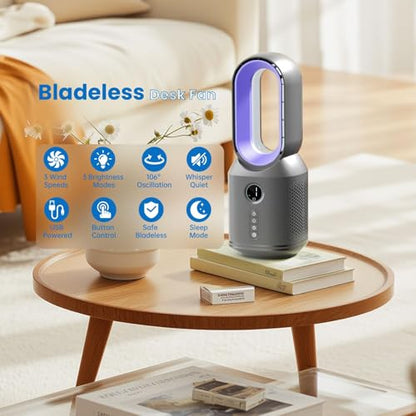 Desk Fan,13 Inch Portable Bladeless Fan, Small Quiet Office Fan with 106° Oscillating, 3 Speeds & Night light, LED Display, Button Control, Personal Table Fan for Bedroom, Office, Home, Study Room - color: Grey