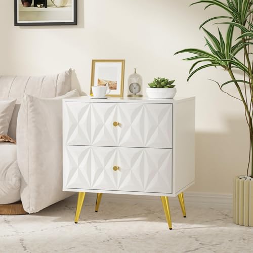 Nightstand Set of 2, White and Gold Nightstands with 2 Diamond Pattern Drawers, Modern End Table Side Table with Gold Handle & Legs for Bedroom