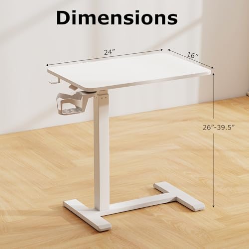 Tangkula Mobile Standing Desk, Pneumatic Height Adjustable Rolling Desk with Cup Holder & Headphone Hook, Overbed Table with Hidden Wheels, Laptop Computer Cart for Couch, Home, Office (White) - color: White