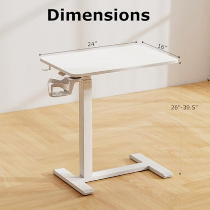 Tangkula Mobile Standing Desk, Pneumatic Height Adjustable Rolling Desk with Cup Holder & Headphone Hook, Overbed Table with Hidden Wheels, Laptop Computer Cart for Couch, Home, Office (White) - color: White