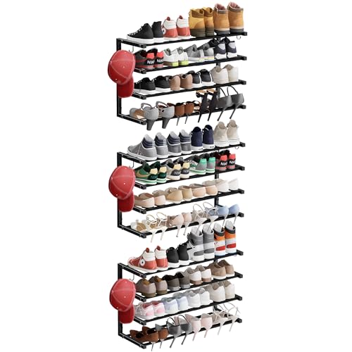 3 Pack Wall Mounted Shoe Rack, 4 Tier Hanging Shoe Rack Holds 48 Pairs, 17"-30" Adjustable Heavy Duty Wall Shoe Shelf with 6 Storage Hooks, Space Saving for Closet Entryway, Black - color: Black, size: 3 Pack