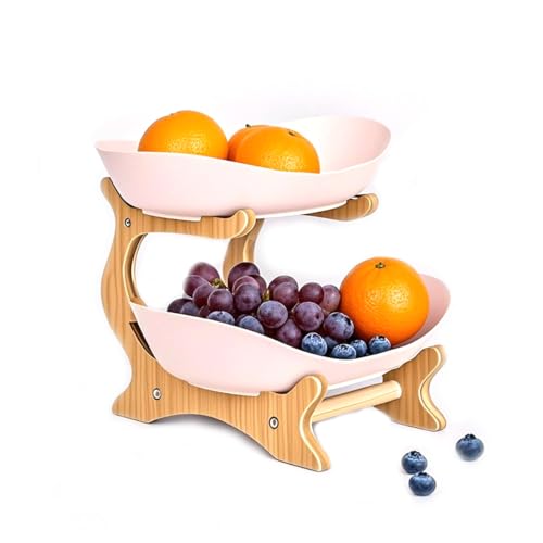 Fruit Bowl With Bamboo Wood Stand, Fruit&Vegetable Candy Dish Decor Basket for Kitchen Counter，Large Capacity Vegetable Storage Stand Snacks Rack Tray Plate Rack - color: Pink, size: 2-Tier