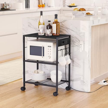 HOOBRO Industrial Printer Stand, 3-Tier Mobile Printer Table, Rolling Cart with Power Outlets and USB Ports, Home Printer Stand with 2 Hooks, for Office, Living Room, Black BB22UPS01 - color: Black