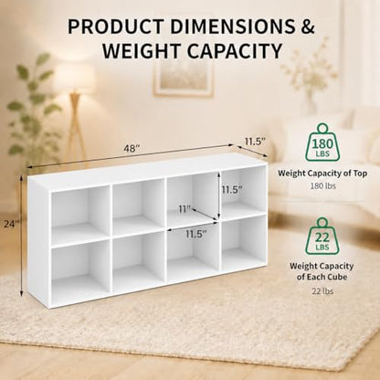 POWERSTONE 8 Cube Storage Organizer, Open Cube Bookshelf with Back Panels, Modern Display Cubby Bookcase for Bedroom Living Room Home Office, White