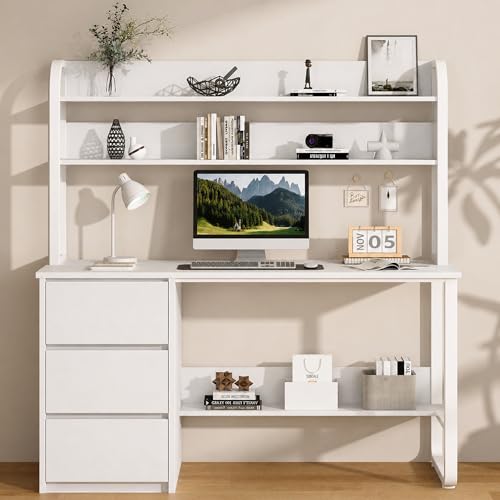 MaverickFurni White Desk with Hutch, 55 Inch Computer Desk with 3 Drawers for Bedroom, Study Writing Desk with Shelves for Small Spaces, Adjustable Feet - color: White, size: 55"W