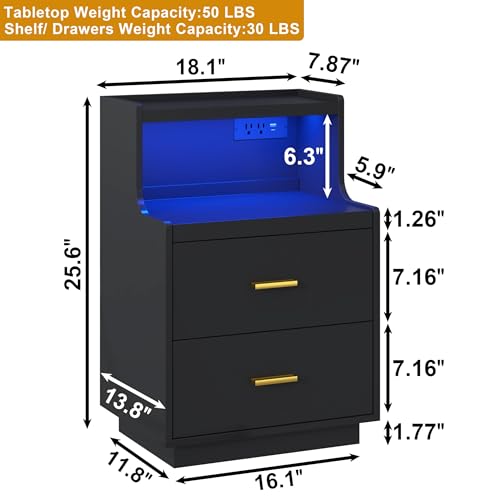Yusong LED Nightstand Bedside Table with Charging Station 2 Drawers, Modern Sofa Couch End Side Table with LED Lights and Pull-Out Shelf for Bedroom, Black - color: Black 003