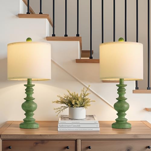 BOBOMOMO 20" Sage Green Table Lamps Set of 2 – Farmhouse Resin Bedside Lamps with Linen Shades, Handcrafted Traditional Rustic Lamp for Bedroom, Living Room, or Corner – Ideal for Small Spaces - color: Sage Green, size: Small-20"
