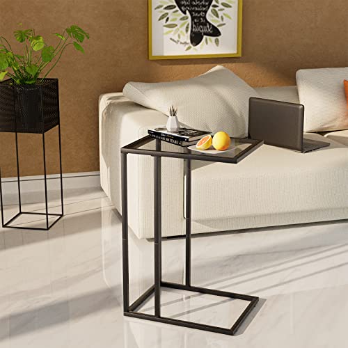 C Table Glass End Table, Couch Side Table, Tempered Glass Snack Side Table with Metal Frame, TV Tray Table for Small Space, Sofa Couch Side Tableand Bed Side Table(Black) - color: Black