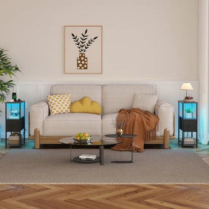TUTOTAK Small Narrow LED End Table with Charging Station, Side Table Outlets, Nightstand with Cloth Drawer, Set of 2, Couch Table, for Living Room, Bedroom, Bedside, Charcoal Grey TB01BY059 - color: Charcoal Grey, style: 1 Drawer with Plug & Light