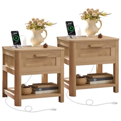 Joaxswe Farmhouse Side Table Set of 2 Living Room, Small Night Stand with 1 Drawers & Open Shelving & 4 Thickened Table Legs, Natural Wood - color: Natural, size: Set of 2