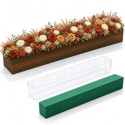 Dandat 1 Set Wood Boxes for Centerpieces 28x5 Inch Rectangle Wooden Planter Box Rustic Wood Planter with Removable Plastic Liner Floral Foam Blocks for Christmas Wedding Home Garden Decor(Dark Brown) - color: Dark Brown, size: 28 x 5 Inch