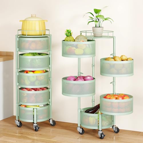 SAYZH Fruit Vegetable Basket for Kitchen, Rotating Storage Rack, 5 Tier Rolling Cart with top lid, Large Metal Wire Basket for for Potato Onion Snack, Green - color: Green