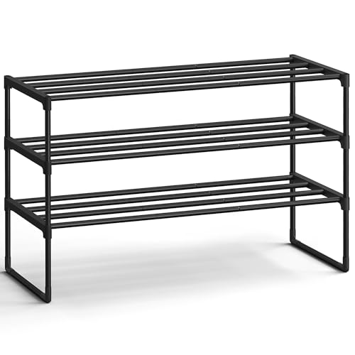 SONGMICS Shoe Rack, 3-Tier Shoe Organizer, Metal Storage Shelf, Upright or Upside Down, for 16-20 Pairs, Stackable, for Entryway, 11.8 x 36.2 x 21.7 Inches, Black ULSA303B02 - color: Black, size: 3 Tiers (36.2"W)