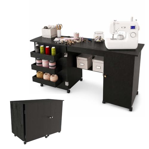 HRVEOCEI 4-in-1 Folding Sewing Table with Storage, Sewing Desk Foldable with Lockable Wheels & Power Socket, Sewings Machine Cabinet & Craft Desk with Shelves, Compact Design (Black, 57 Inch) - color: Black, size: 57 Inch