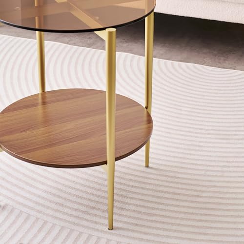 LumFurn Round Glass End Table, Mid-Century Modern Design Sofa Table for Living Room, D18 x H23, 2-Tier Structure, Amber Glass Top and Walnut Shelf, Sleek Conical Legs with Gold Finish Frame - color: Amber & Walnut, size: D18" Round End Table