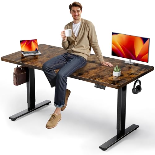 Electric Standing Desk Adjustable - 63x30 Inch Sit Stand Desk with 1 Inch Thick Tabletop, Double Beam Frame, 3 Memory Height Adjustment, Cable Management for Home Office - color: Rustic Brown Top / Black Frame, size: 63 x 30 Inch