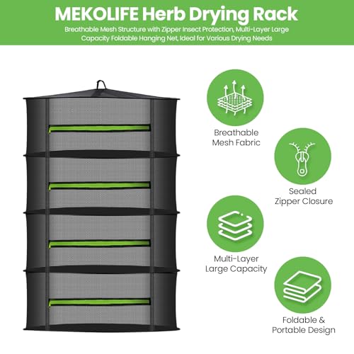 MEKOLIFE 4-Tier Herb Drying Rack Hanging Mesh | 23.62" mesh dryer with zipper, hooks and pruning shears, for indoor and outdoor herbs, seafood, flowers and plants - size: 4 Layers