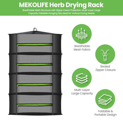 MEKOLIFE 4-Tier Herb Drying Rack Hanging Mesh | 23.62" mesh dryer with zipper, hooks and pruning shears, for indoor and outdoor herbs, seafood, flowers and plants - size: 4 Layers