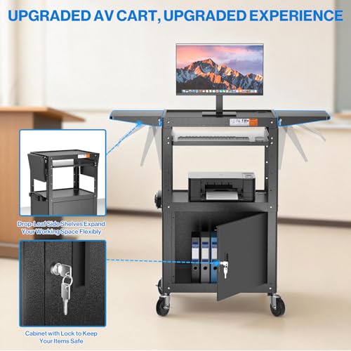 POCHAR Steel AV Cart with Locking Cabinet & Drop Leaves - Adjustable Height Media Carts with Wheels, Pullout Tray, Power Strip - Mobile Workstation Computer Cart for Office Classroom Shop Warehouse - style: Locking Cabinet with Drop Leaves (AVMTK)