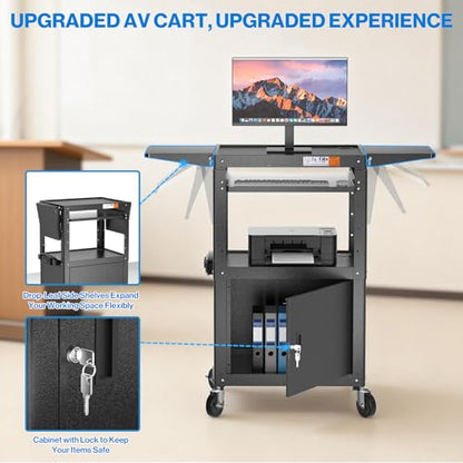 POCHAR Steel AV Cart with Locking Cabinet & Drop Leaves - Adjustable Height Media Carts with Wheels, Pullout Tray, Power Strip - Mobile Workstation Computer Cart for Office Classroom Shop Warehouse - style: Locking Cabinet with Drop Leaves (AVMTK)