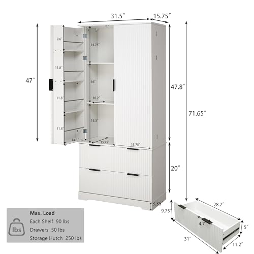 72" Tall Freestanding Wood Fluted Pantry Organizers Storage Cabinet with 2 Drawers, Door Racks, Modern Minimalist Cabinet with Adjustable Shelves for Kitchen, Living Room, Bathroom(White)