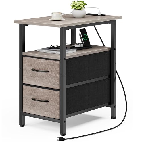 Vagusicc End Table with Charging Station, Narrow Side Table, 23.8'' Tall Nightstand with 2 Fabric Drawers, Small Sofa Side Table Narrow Nightstand for Small Spaces, Living Room, Bedroom, Rustic Grey - color: Greige, size: 1, style: Ordinary