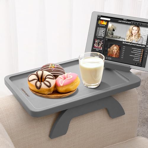 SINWANT Couch Armrest Table,Bamboo Couch Arm Tray with 360° Rotating Phone Holder,Anti Slip Foldable Sofa Arm Tray for Eating Drinking Snacks Remote on Armrest 15.35"x9.85" - color: Gray