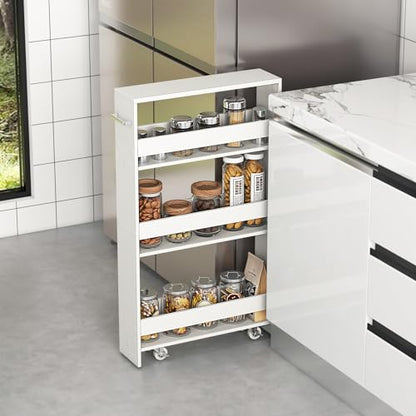 4-Tier Slim Rolling Storage Cart, Wooden Kitchen Utility Cart with Wheels & Handle, Space Saving Trolley, Slide Out Shelving Unit for Narrow Spaces, Laundry, Bathroom (White) - color: White
