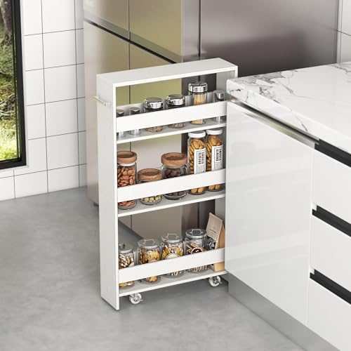 SlickBlue Rolling Serving Cart Narrow with Open Shelves for Kitchen Bathroom Living Room - color: Off White