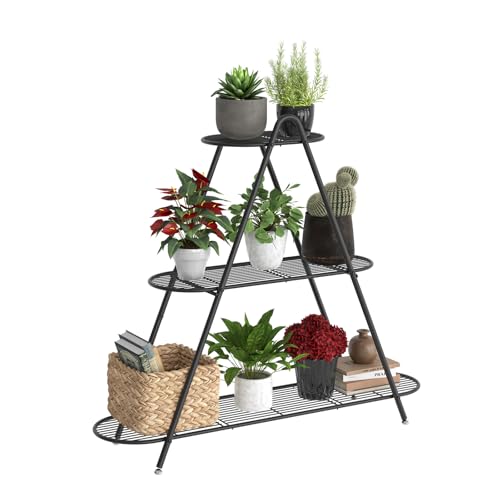 Plant Stand for Patio, 3-Tier Metal Plant Shelf–Indoor/Outdoor Display Rack for Multiple Pots, Heavy Duty Plants, Garden Flower Organizer (Black) - color: Black