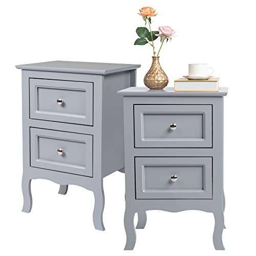 Bonnlo Gray Nightstand Set of 2, Nightstands with 2 Drawers, Bed Side Table/Night Stand, Small Nightstand for Bedroom, Small Spaces, College Dorm, Kids’ Room, Living Room, Wood, 16W x 12D x 24H, Grey - color: Grey