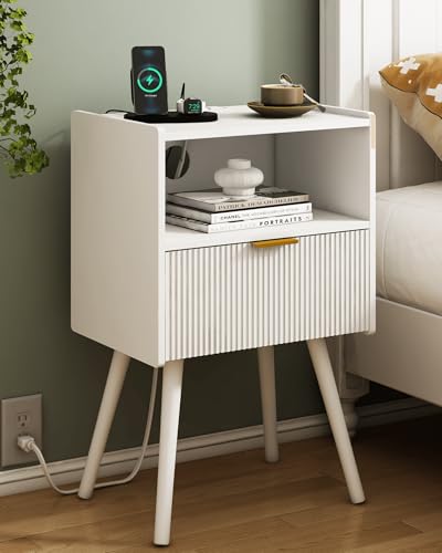 JOONEE White Nightstand with Outlet,Modern Bedside Table with Storage Drawer and Open Wood Shelf, for Living Room, Bedroom and Small Spaces, Accent Night Stand with Solid Wood Legs, Easy Assembly - color: White-outlet