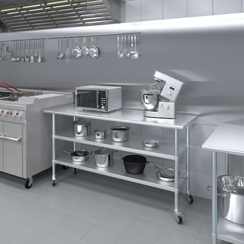 AmGood Stainless Steel Work Table with 2 Shelves and Casters | Metal Utility Table On Wheels (Stainless Steel Work Table with 2 Shelves + Casters, 72" Long x 24" Deep) - size: 72" Long x 24" Deep