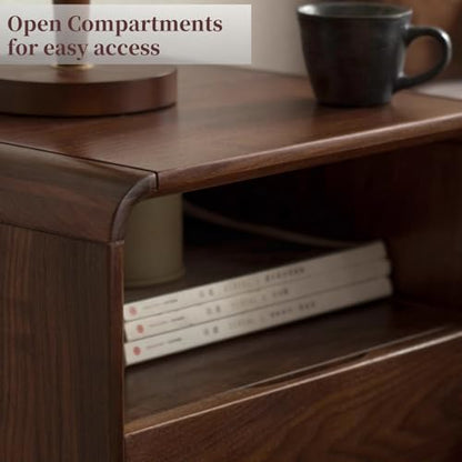 Walnut Night Stand Set of 2, Solid Wood Nightstand with Drawer, Walnut Bedside Table, Mid Century Modern Nightstand, Small Bed Side Table for Small Spaces Bedroom(Dark Black Walnut, 20.47" H) - color: Dark Walnut, style: Drawer & Open Storage-2