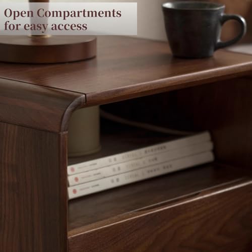 Walnut Nightstand Set of 2, Solid Wood Nightstand with Drawers & Open Storage Shelf, Mid Century Modern Nightstands, Wood End Table for Bedroom, (Dark Black Walnut, 23.23" H) - color: Dark Walnut, style: 2 Drawer & Open Storage-2