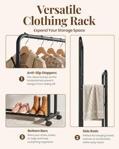 Delamu Clothes Rack Double Rods Clothing Racks for Hanging Clothes with Rolling Wheels, Hooks, Metal Garment Rack, Portable Wardrobe Coat Rack with Shelfs for Bedroom, Laundry Room, Black 65''Hx32''W