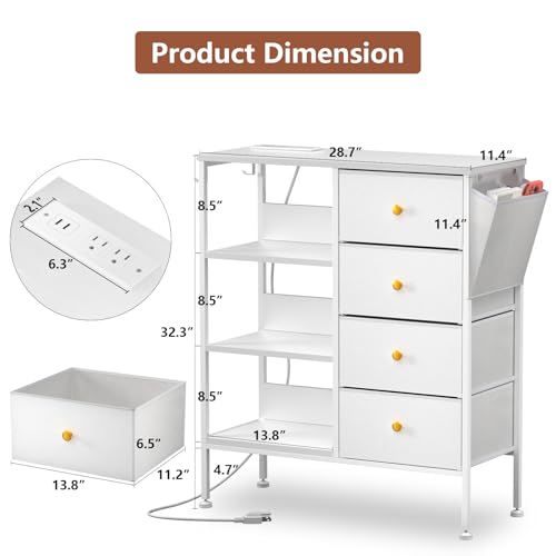 Nightstand with Charging Station, Bedside Table with 4 Drawers and 3-Tier Shelf, White Dresser, LED End Table with Wooden Top for Bedroom, Office, Living Room, Hallway-White