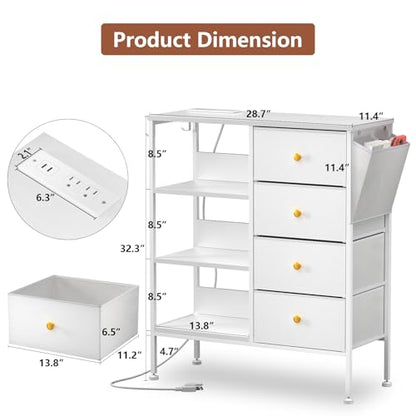 Nightstand with Charging Station, Bedside Table with 4 Drawers and 3-Tier Shelf, White Dresser, LED End Table with Wooden Top for Bedroom, Office, Living Room, Hallway-White