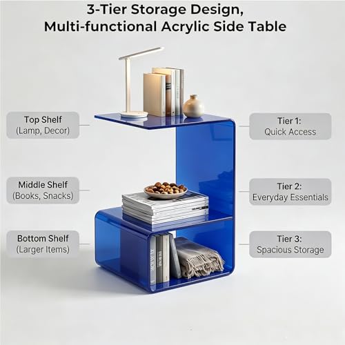 Acrylic End Table, 21.6" H C-Shaped End Table, Side Table for Living Room, Bedside Table for Bedroom, Acrylic Clear C Side Table (Blue) - color: Blue
