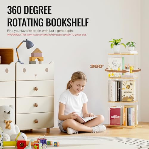 TAKEKIT 3-Tier Rotating Bookshelf, 360° Spinning Book Shelf Tower with Solid Wood & Clear Acrylic, Square Revolving Bookcase for Kids Room, Living Room, Bedroom and Office - color: Natural Square, size: 3-Tier
