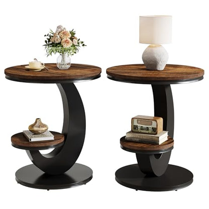 Tribesigns Round End Table Set of 2, 2 Tiers Side Table with Storage Shelf, Sofa Side Bedside Nightstand with Rustic Wood and Metal Arc-Shaped Frame for Small Spaces, Living Room, Bedroom (2PCS) - color: Brown