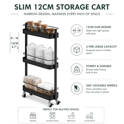 Rolling Storage Cart, 3 Tier Bathroom Organizer Mobile Shelving Unit, Metal Utility Cart Tower Rack for Kitchen Laundry Narrow Places(Fully Assembled Furniture, Black) - color: Black