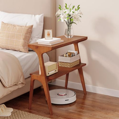 Solid Wood End Table, 2-Tier Side Table with Storage Shelf, Wooden Modern Accent Slim Bedside Table for Sofa, Living Room, Bedroom, Small Space, Easy Assembly, Cherry - color: Cherry