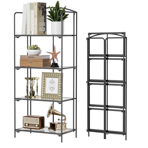 Crofy 4-Tier Foldable Bookshelf, Black Frame & Transparent Shelves | No-Assembly Collapsible Portable Storage Organizer; Sturdy Transparent Shelves; Ideal for Living Room & Home Office - color: Black Frame & Transparent Shelf, size: 4 Tier