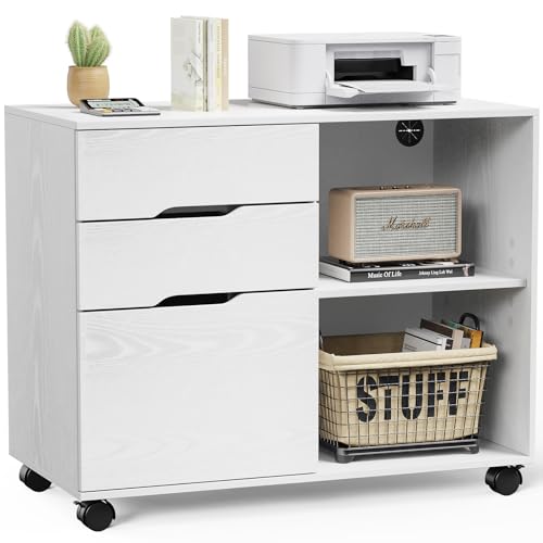 DUMOS Wood File Cabinet with 3 Drawers, Rolling Printer Stand | Under Desk Storage Organizer Home Office Space with Shelves for Files and Office Supplies, White - color: White Wood