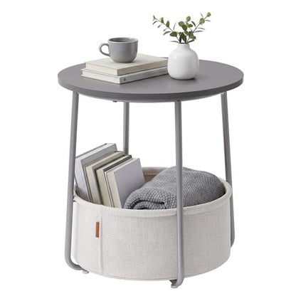 SONGMICS HOME Small Side Table, Round End Table, 2 Tier Nightstand with Basket, U Shaped Steel Legs, Easy Assembly, for Living Room, Bedroom, Gray and White - color: Gray + White, size: 1 pack
