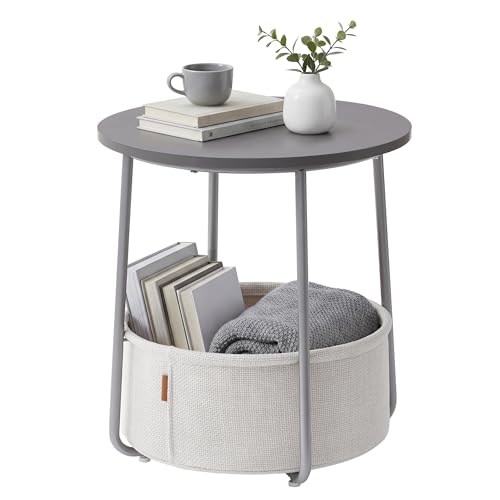 SONGMICS HOME Small Side Table, Round End Table, 2 Tier Nightstand with Basket, U Shaped Steel Legs, Easy Assembly, for Living Room, Bedroom, Gray and White - color: Gray + White, size: 1 pack