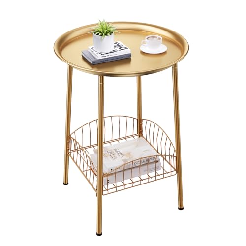 Small Outdoor Side Table, 2-Tier Round Metal Patio Table, Accent Table Waterproof, Weather Resistant End Table for Yard Porch Pool Balcony Garden Bedside (Gold) - color: Gold